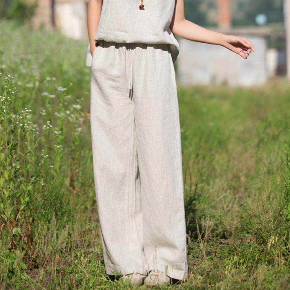 Johnature Women Vintage Straight Pants Summer Chinese Style High Quality Trousers Elastic Waist Soft Long Pants