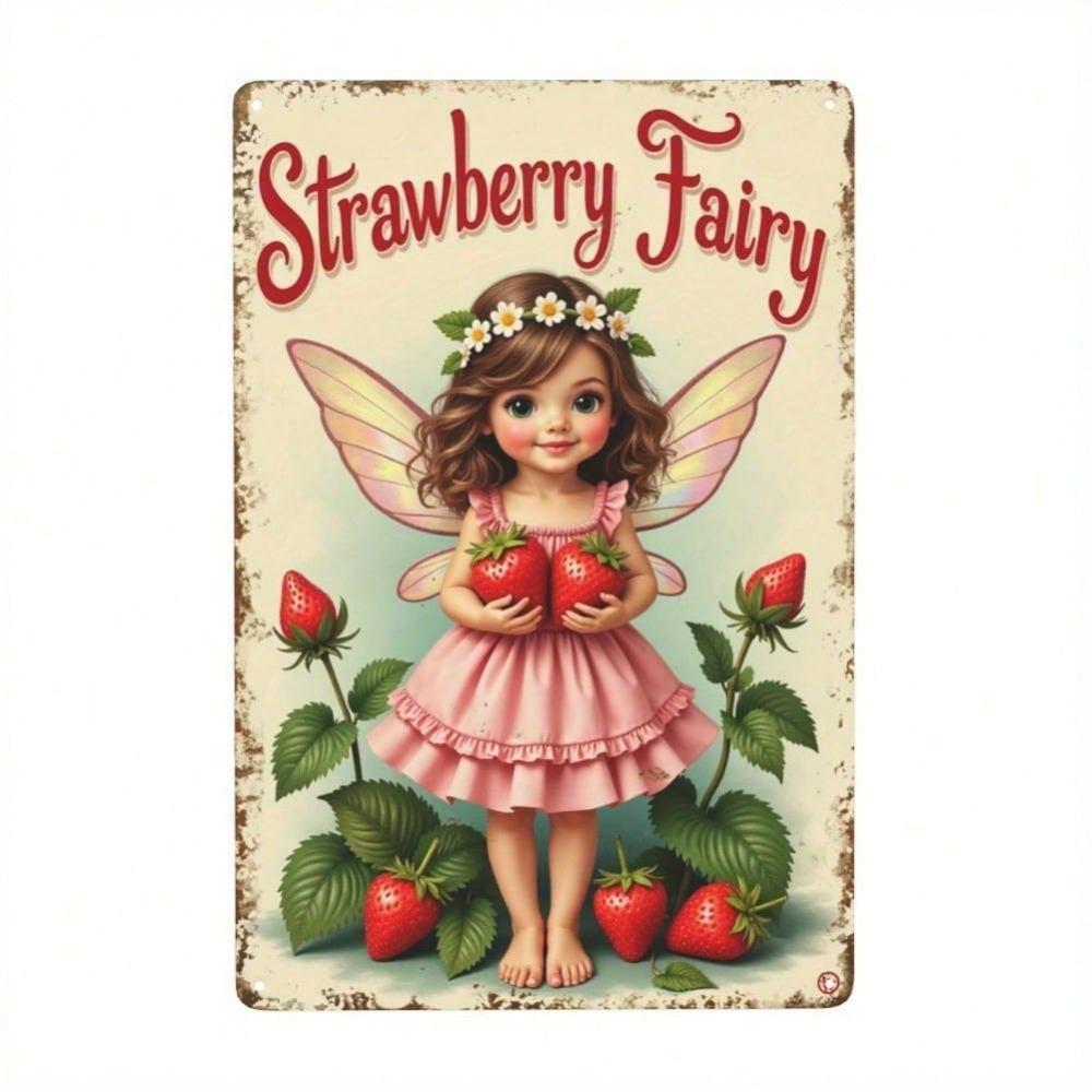 

2D Vintage Strawberry Fairy Metal Wall Art, Hand Painted Retro Tin Sign, Whimsical Garden Indoor Outdoor Decor for Home Kitchen 20x30
