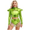 Womens Alien Costume Long Sleeve Hollow Out Cropper Top Transparent Skirt Space Themed Club Wear Outfit