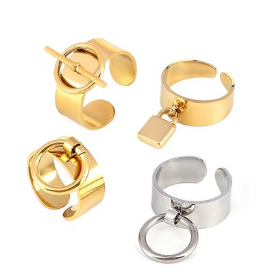 Stainless Women Steel Finger Ring Gold Color Color Wide Rings With Circle Rings Chain Finger Ring Punk Round Geometric Open Finger Rings JewelryPunk