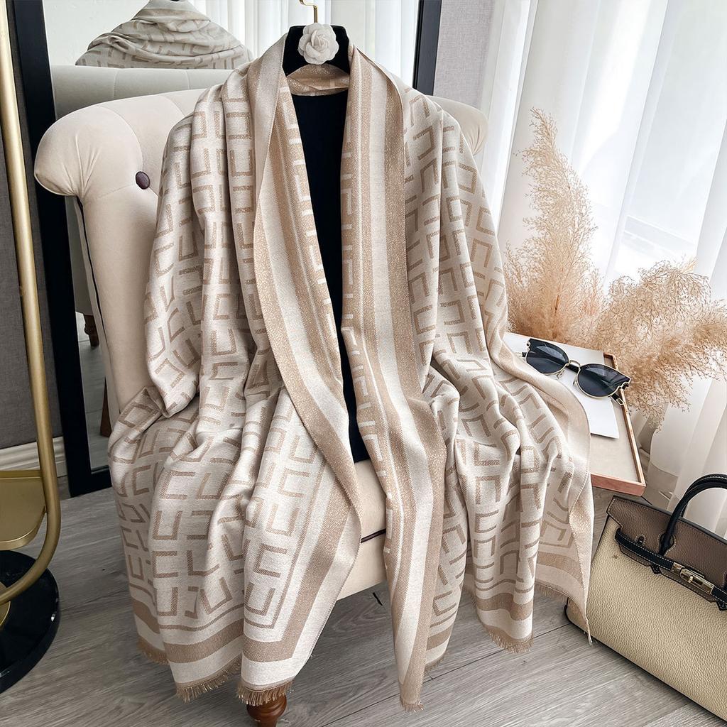 Spring And Autumn Thin Imitation Cashmere Scarf Women'S Versatile Letter Gold Line Decoration Air Conditioning Shawl Warm Thickened Scarf