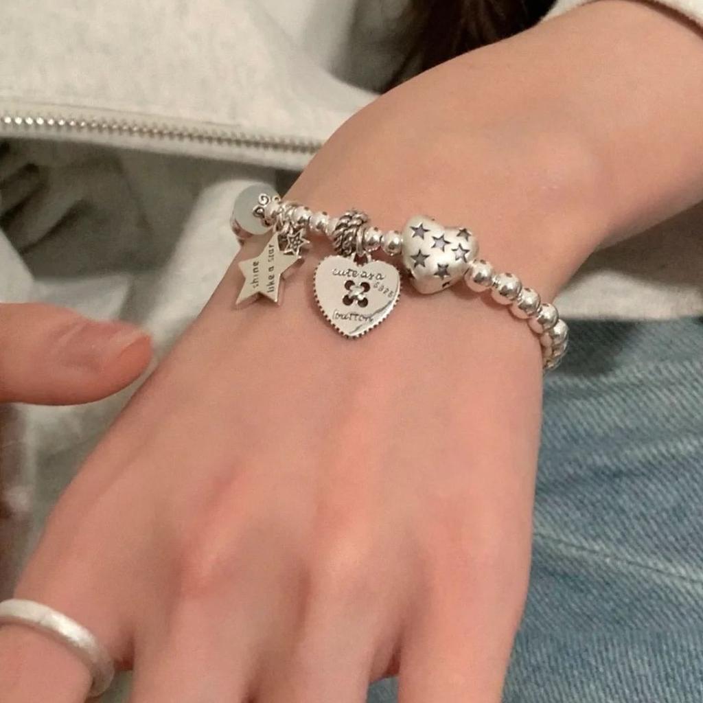 Y2K Punk Love Heart Star Pendant Bracelets for Women Girls Simple Handmade Metal Beaded Sweet Cool Bracelets Fashion Jewelry