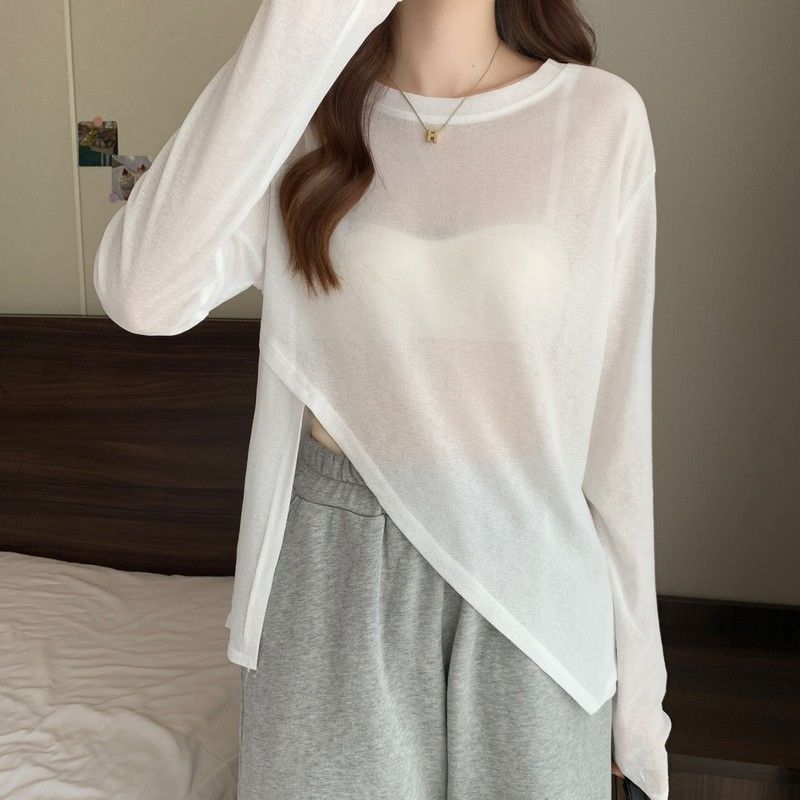 Versatile Plus Size T-shirt for Women, Summer Round Neck Basic Style, Loose and Lazy, Versatile, Irregular Sun Protection Top