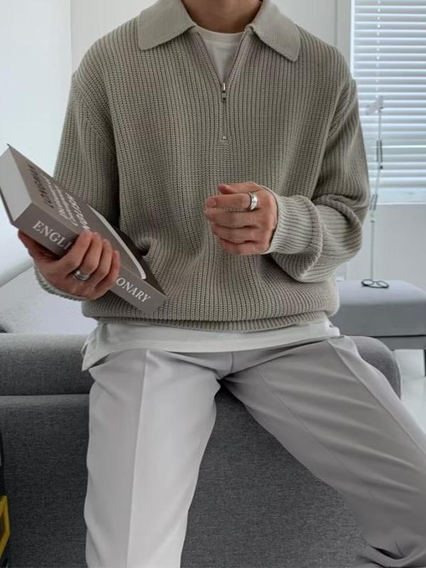 Men's Retro Half-Zip Turn-Down Collar Sweater, Autumn/Winter Style, Loose Casual Knitwear.