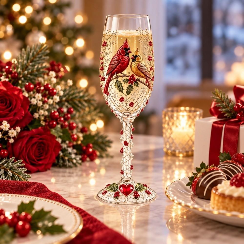 2D Printing Pattern Christmas Wine Glass Red Berries Xmas Bird Cup Bird Glass Goblet Party