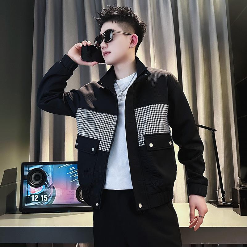 

Spring and autumn trendy brand ruffian handsome splicing jacket boys stand-up collar jacket 2025 new design sense casual tops and clothes men S