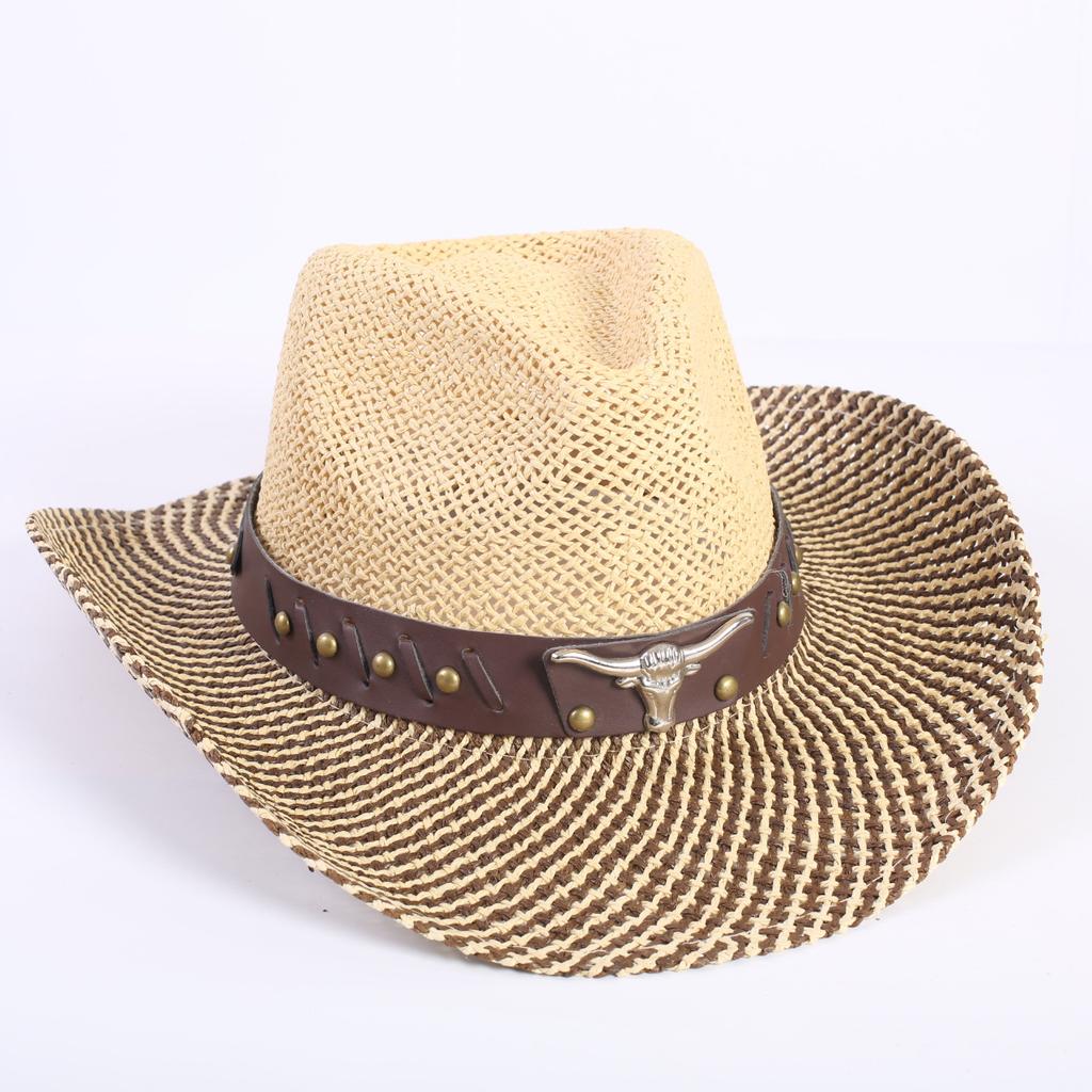 Popular Hollow Breathable Western Cowboy Straw Hat Men's and Women's Summer Sunshade Sunscreen Wide-brimmed Beach Hat