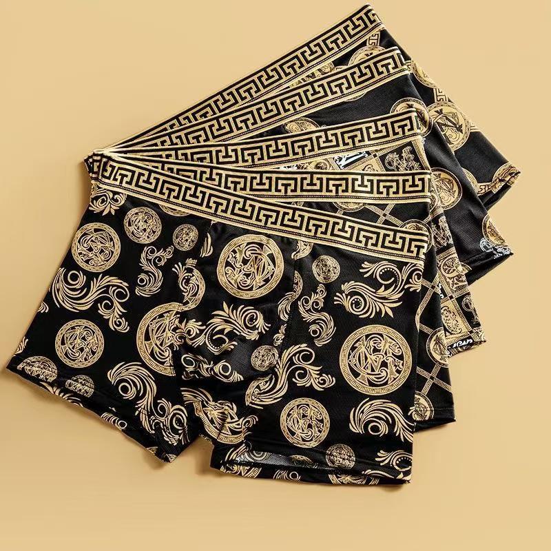 5-Pack Luxury Men's Black Gold Boxer Briefs - Summer Breathable, Plus Size, Antibacterial, Flat Leg Shorts