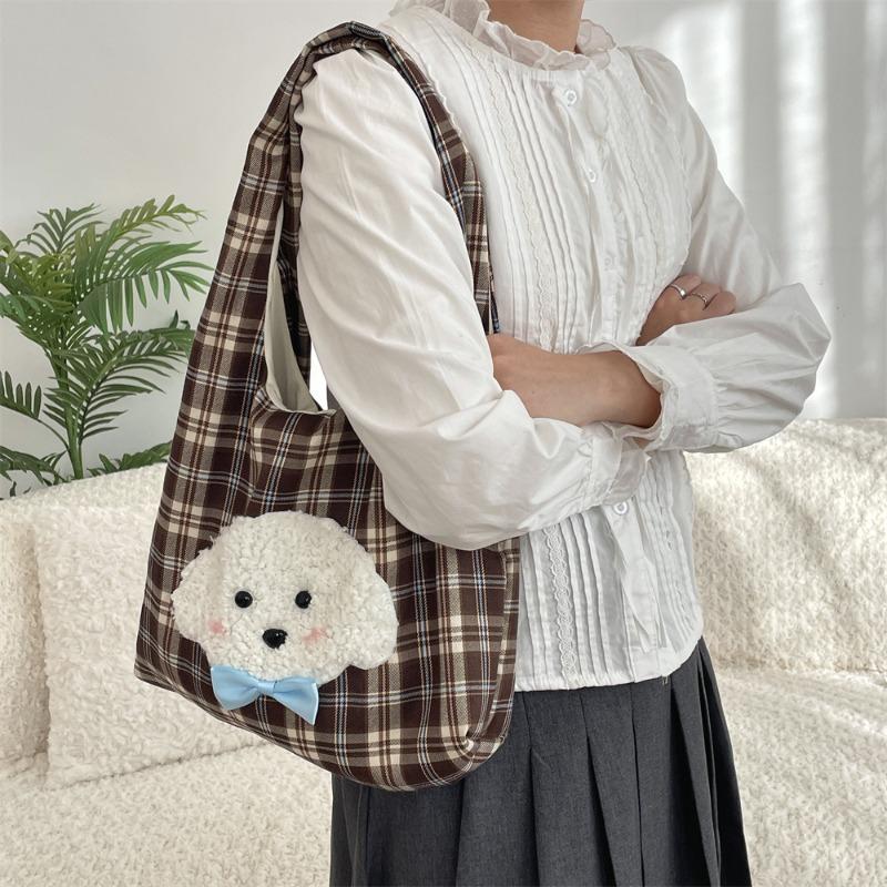 11 Autumn and Winter New Embroidered Puppy Cute Plaid Shoulder Bag Leisure Student Class Handbag