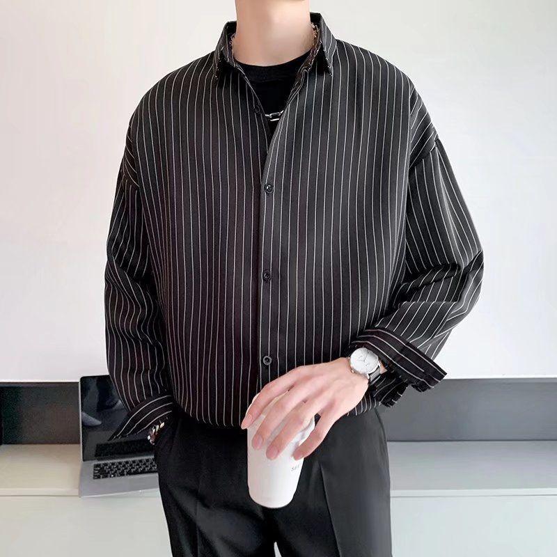Striped Shirt Men's Loose Casual Coat Lapel Button Long-sleeved Cardigan Formal Top