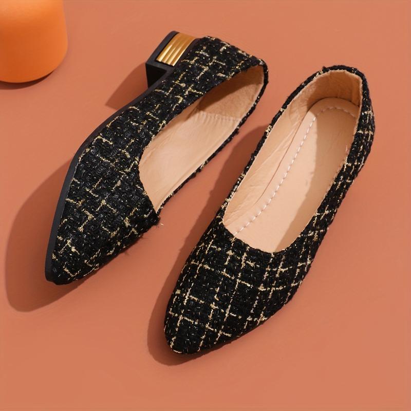 Damskie płaskie buty w kratę z tweedu na miękkiej podeszwie, Lekkie buty na słupku, Eleganckie buty do sukienki z czubkiem
