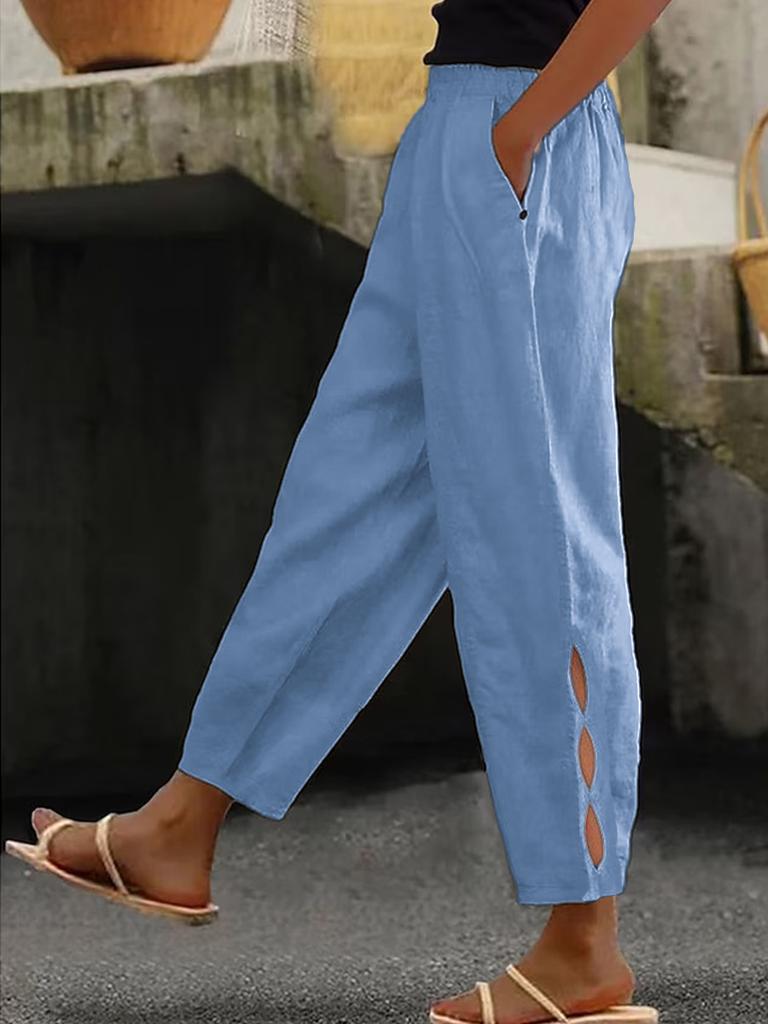 Spring Autumn New Women's Cotton Linen Solid Color Fashion Casual Daily Side Pocket Pants Hollow Button Long Pants