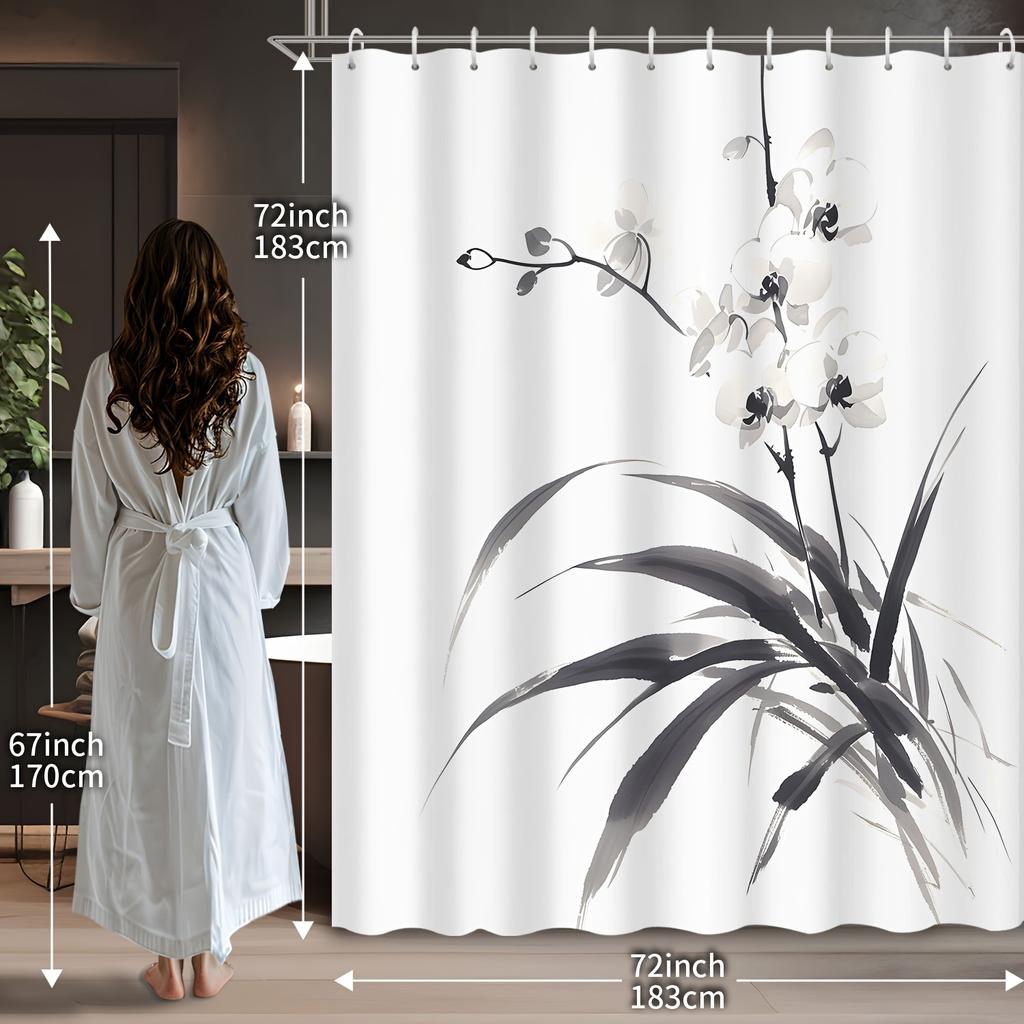1pc Elegant Orchid Shower Curtain - 72x72", Asian Ink Wash Design, Waterproof, for Home & Hotel Bathrooms