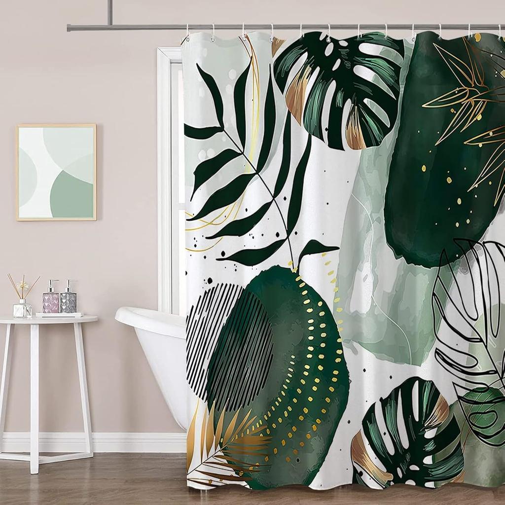 Boho Shower Curtain with 12 Hooks, 72''x72'' Polyester Fabric, Quick Dry, Weighted Hem, Abstract Green Plant Shower Curtains for