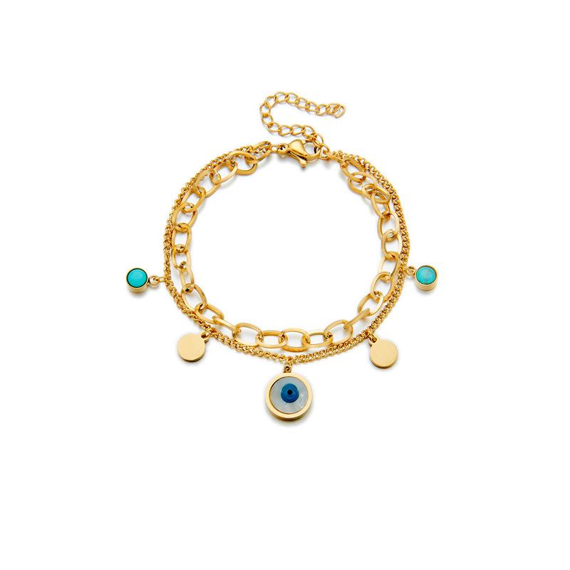 Gold Tone Double Layer Evil Eye Charm Bracelet with Turquoise Accents