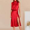 Summer new fashionable and sexy solid color turtleneck sleeveless backless fine strap dress for women