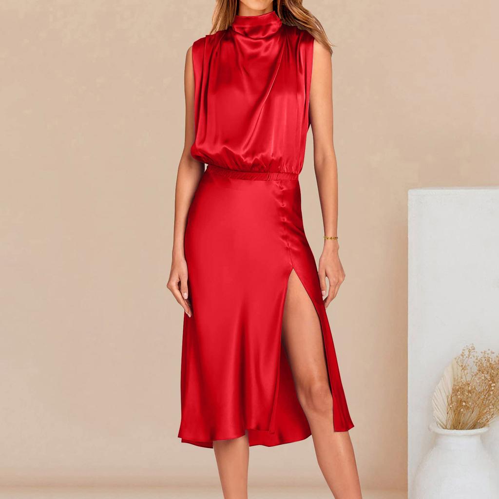 Summer new fashionable and sexy solid color turtleneck sleeveless backless fine strap dress for women