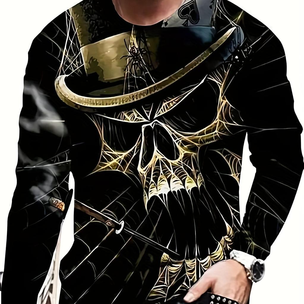Men's 3D Horror Skull Pattern Print Fashion Round Neck Long Sleeve Casual Tops Pullovers Loungewear Tops