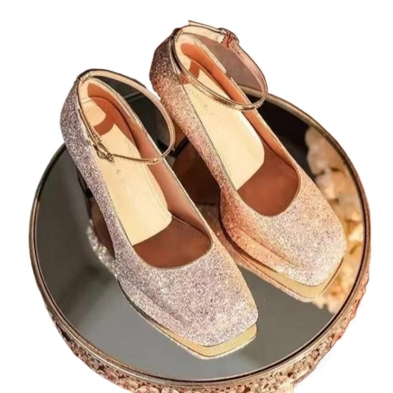 Fashion 2025 Brand Ladies Shoes Buckle Strap Women's High Heels Fashion Sequins Wedding Super High Shallow Heels Women Zapatos Mujer