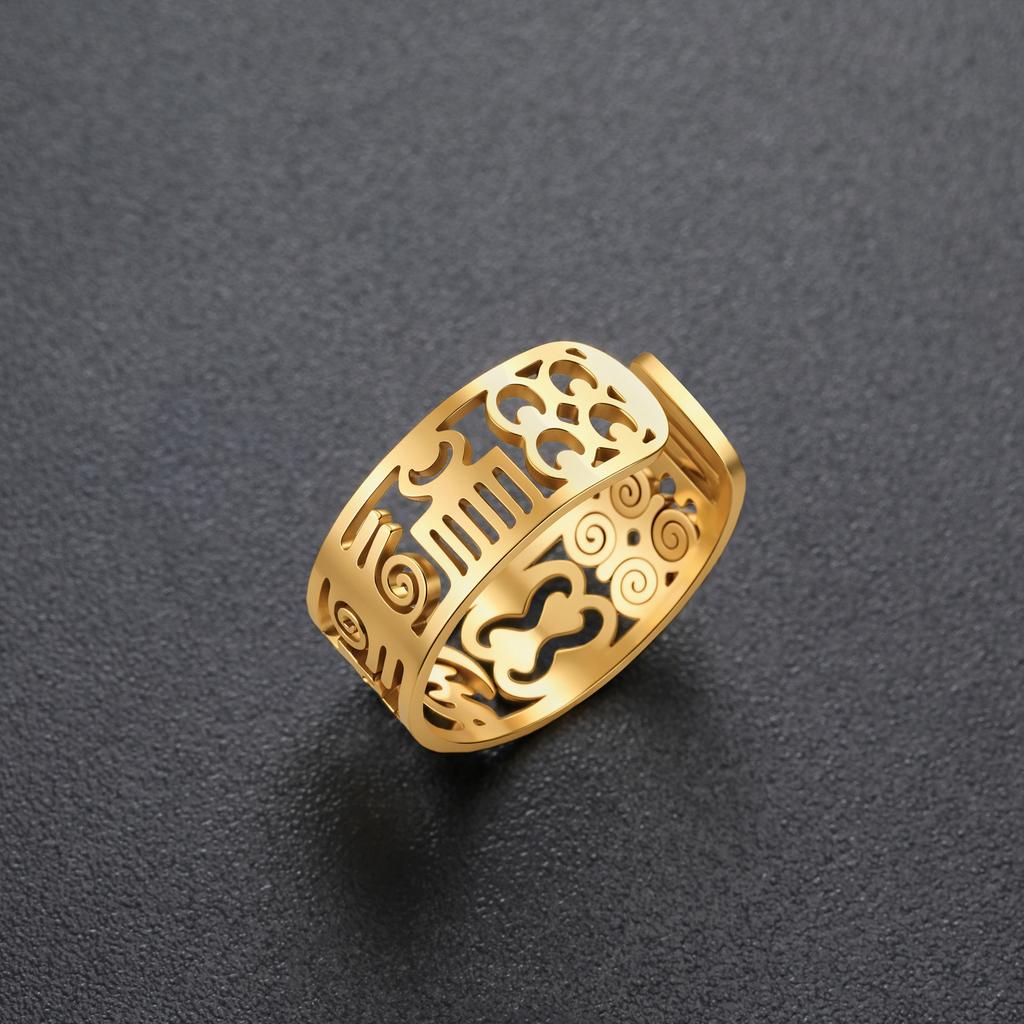 Stainless Steel Adinkra Symbol Open Ring African Akan Sankofa & Nyame Dua Ring Adjustable Ethnic Tribal Jewelry for Women Men