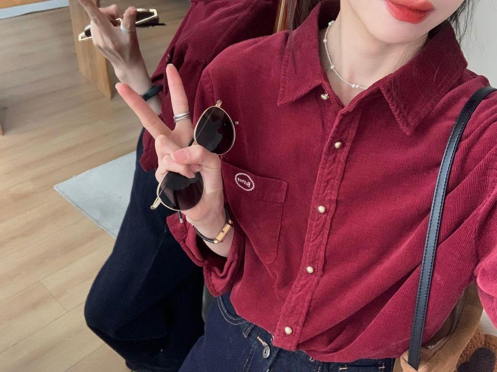 Damen Retro Rosa Cordhemdjacke - Herbst/Winter Langarm Oberteil