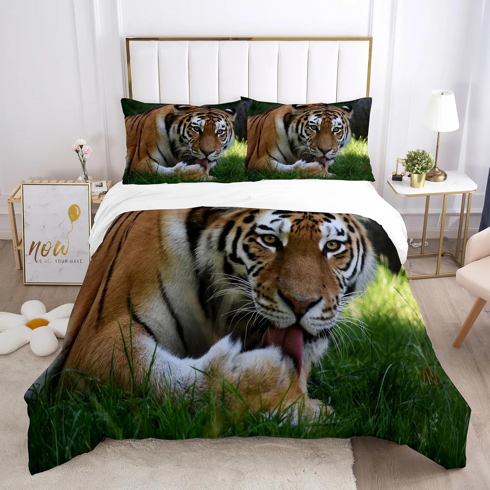 Комплект пододеяльника Tiger King/Queen Size Свирепый хищник Тематический постельный комплект Взрослые Мужчины Милый Коричневый Животный Полиэстер Пододеяльник 70x133cm 2pcs