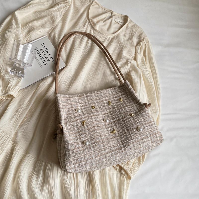Chic Korean Style Large Capacity Summer Woven Tote Bag With Pearl Check Design Khaki