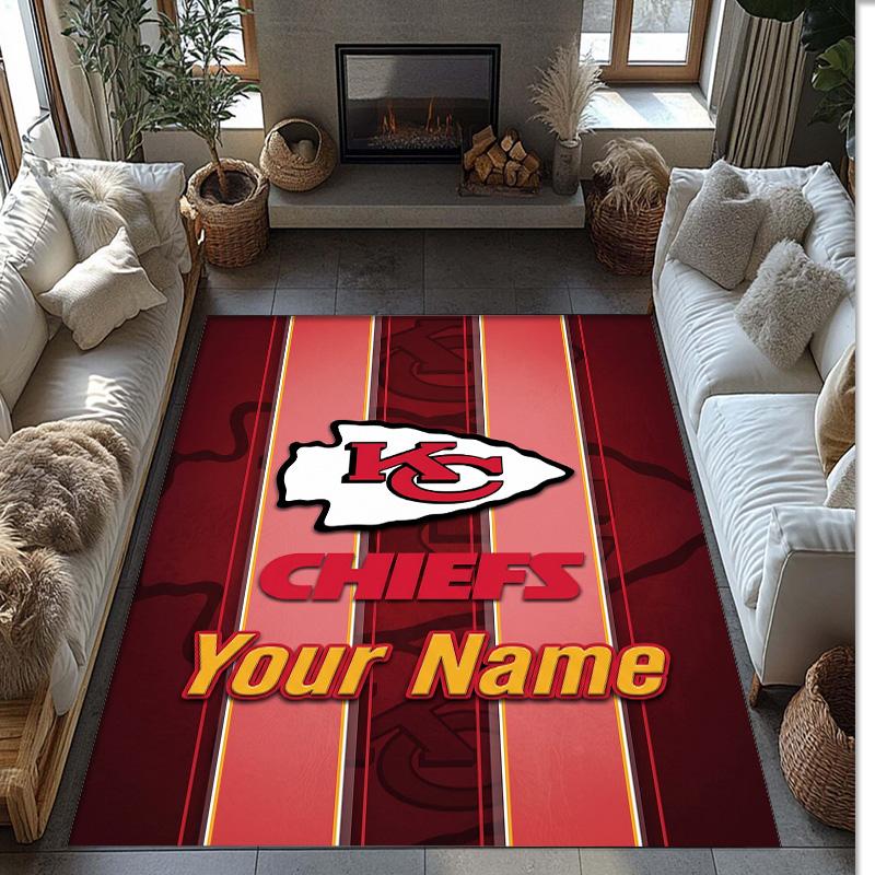 Kansas City Chiefs Crystal Velvet Rug, Custom Name Text Personalized Non‑Slip Floor Mat for Home Decor Gift