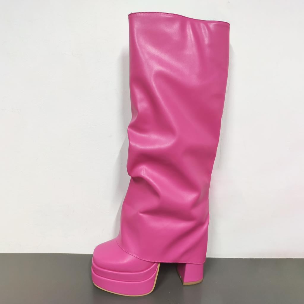 Fashion IPPEUM Orange Boots Platform Knee High Block Heel Shoes Y2k Plataforma Botas Bratz Mujer Hot Pink Fold Over Boots Women