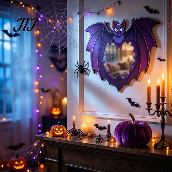 Kreative Feiertags-Wanddekorationen Halloween Holzdekorationsspiegel, Kürbis Geist Fledermaus Hexe Cartoon Spiegel Dekor, Spaß für Eingangsbereich Party, Festliches Zuhause