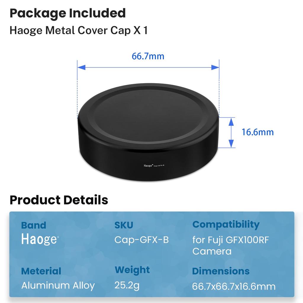 Haoge Metal Front Lens Cap Cover for Fujifilm GFX100RF Camera Accessories Black Cap - GFX-B