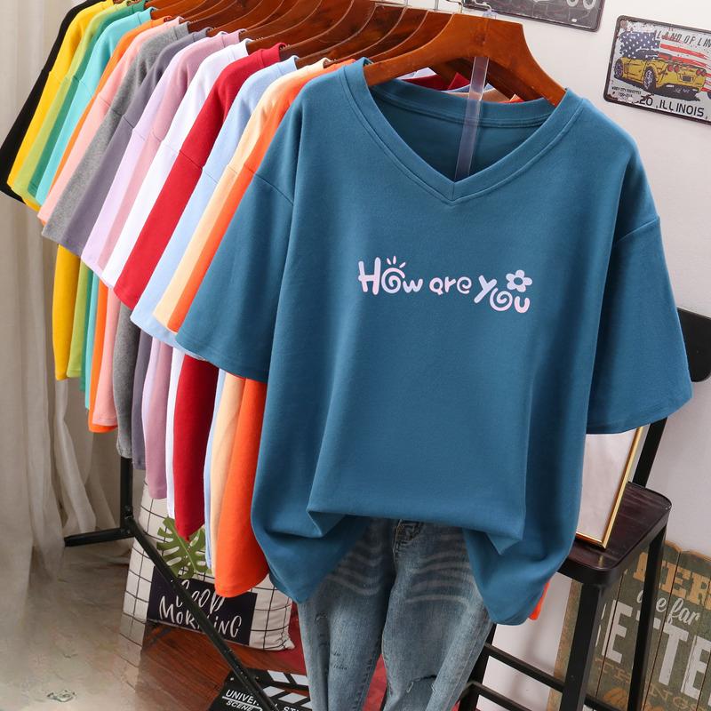 

Футболка с коротким рукавом, Свободного кроя, Приталенный топ с V-образным вырезом с принтом для женщин 5XL королевский синий