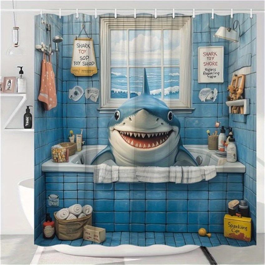 1Pc Cartoon Shark Shower Curtain Funny Animal Print Bathroom Decor Modern Fashion Bathtub Curtain With 12 Hooks