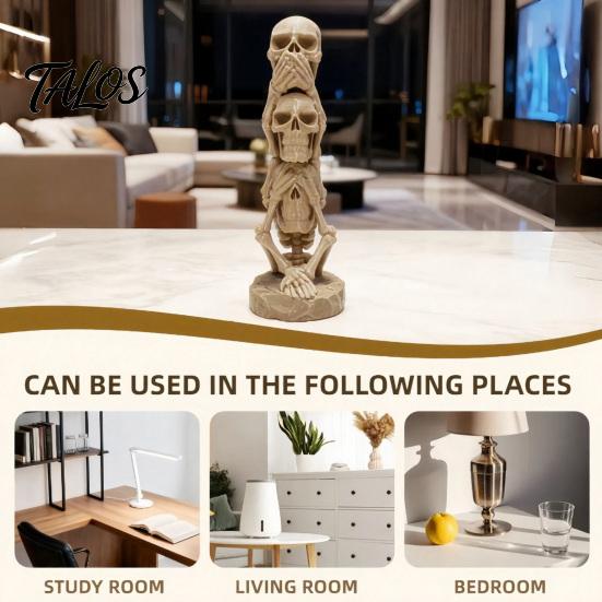 3D Printed Stacking Skull Figurine Figurine, Gothic No Speak Hear See Statue, Halloween Party Horror Decoration for Home Office
