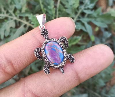 Purple Turquoise Gemstone 925 Sterling Silver Plated Tortoise Pendant
