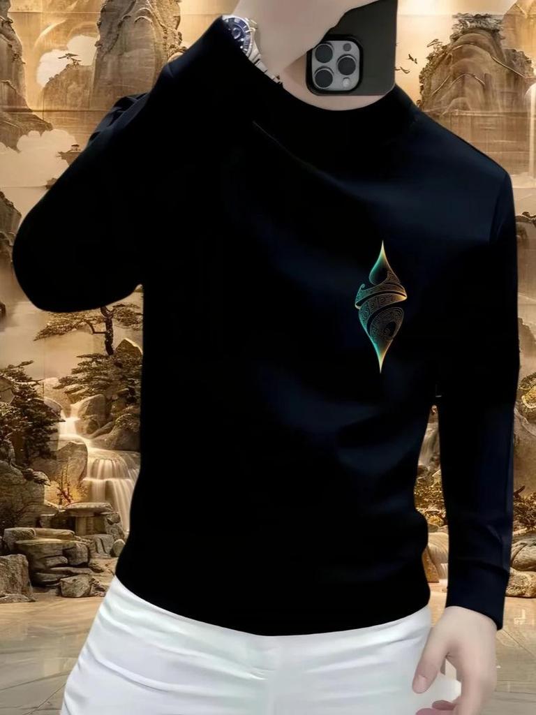 New Men's Printed Velvet Hoodie - Casual Versatile Long Sleeve Round Neck Top for Autumn/Winter Fashion