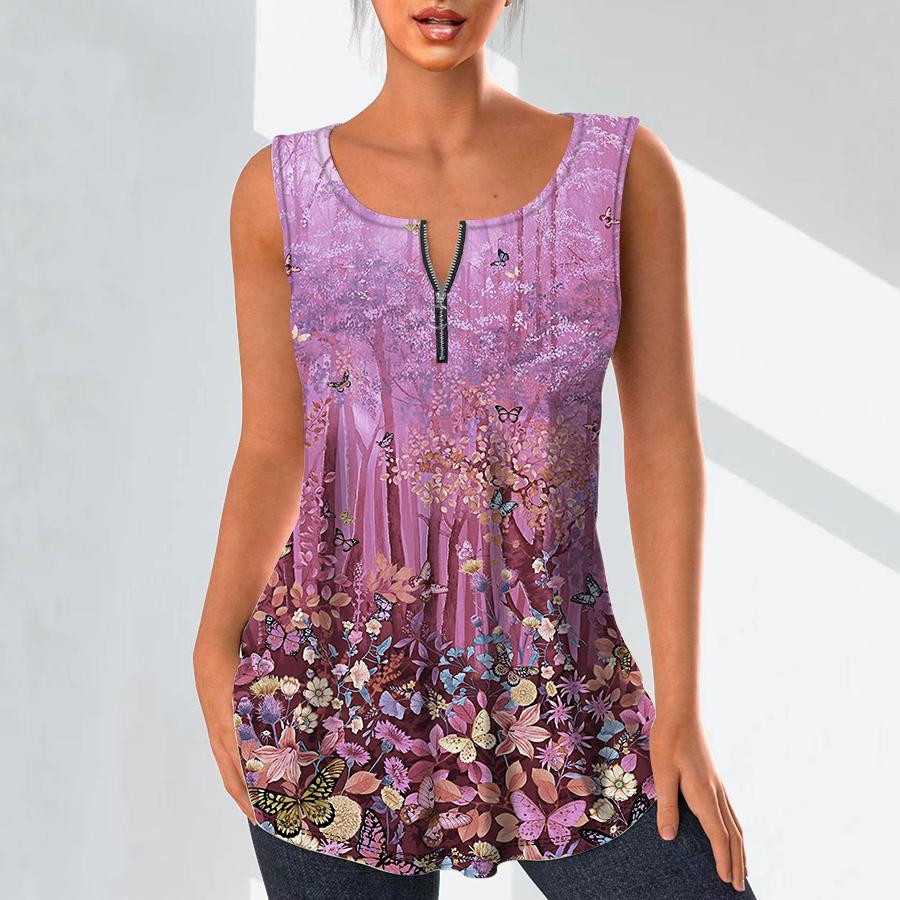 Women's Fashion V Neck Shirts Casual Tops T-shirt Ladies 3D Beautiful Forest Print Vest Plus Size Sleeveless Blouse Tank Tops