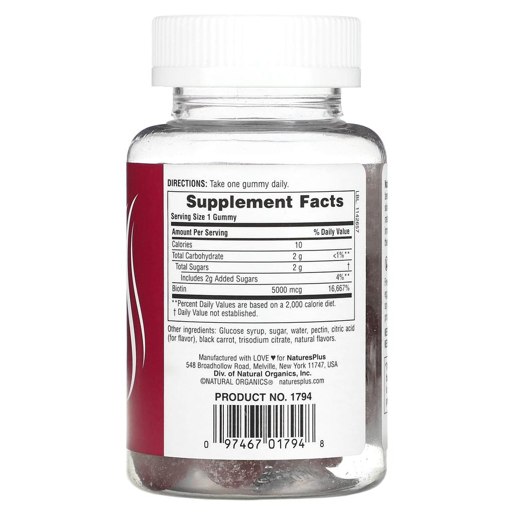 NaturesPlus Biotin Gummies, Raspberry, 5,000 Mcg, 60 Gummies