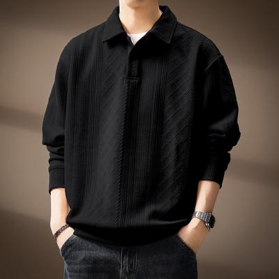 Men's High-End French Diamond Jacquard Long-Sleeve Fleece Polo Sweater