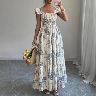 French Square Neck Dress Waist Long Dress European and American New Summer