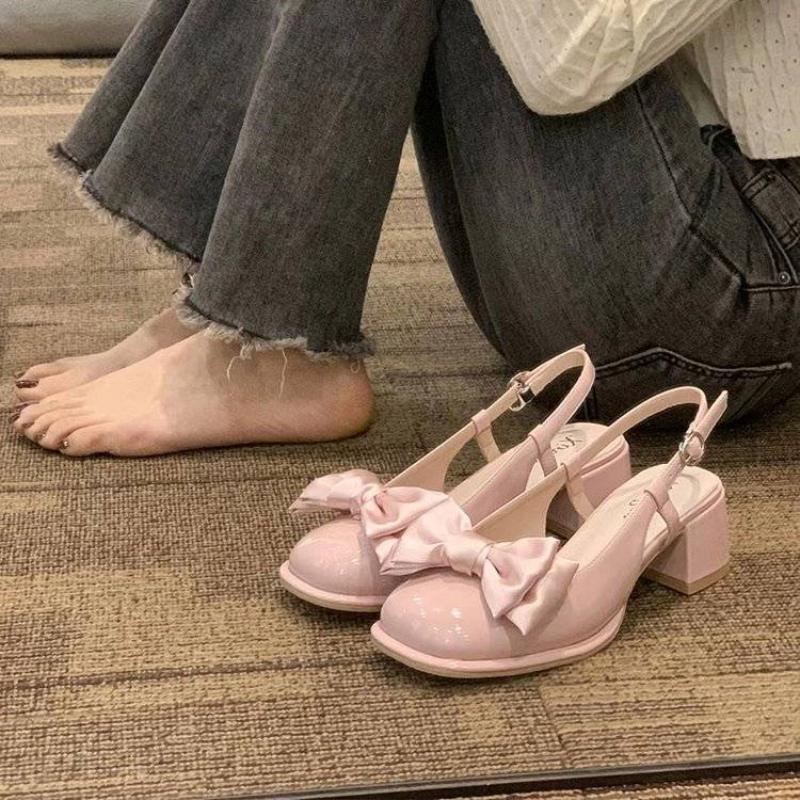 Women's Closed Sandals Bow With Medium Heels Ladies Mary Jane Shoes 2025 Luxury Shoe Sales Korea Cheap Liquidation Vip Footwear