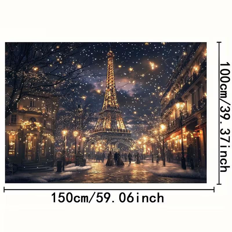 2D Paris Winter Backdrop, Eiffel Tower at Night with Snow and Lights