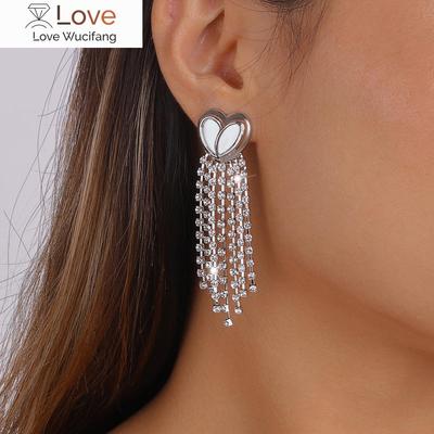 New Exaggerated Golden Silver Color Love Tassel Set Rhinestone Earrings for Women Fashion Earrings Party Jewelry Birthday Gift