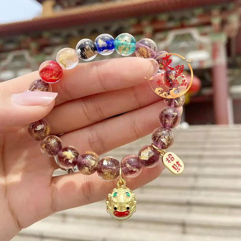 Purple  Gold Waking Lion Fortune Women s Bracelet with Silver Foil Porcelain Glaze from Panjiayuan Temple Scenic Area