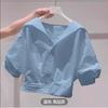 Fanan Chemise d'été à revers et manches bouffantes pour femme Coupe ample Top court Chemisier pour femme