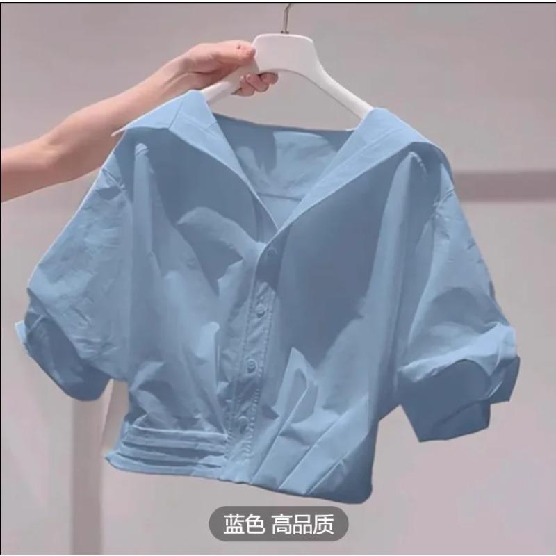 Fanan Chemise d'été à revers et manches bouffantes pour femme Coupe ample Top court Chemisier pour femme