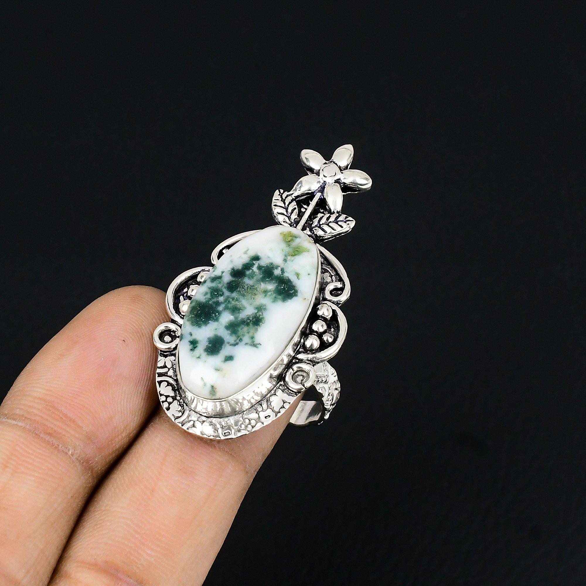 Oval Natural Tree Agate Flower Promise New Ring Jewelry Size 8.5 Sterling Silver 8.5