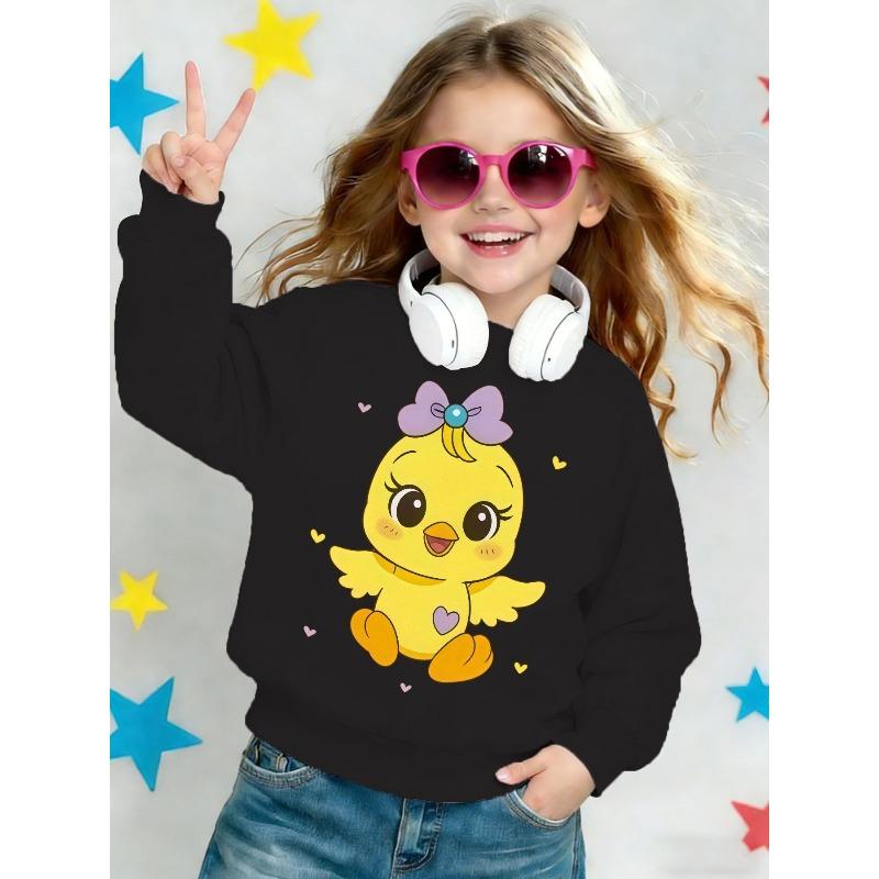 Kids Crewneck Sweatshirt, Cute Yellow Chick Bow Heart Print All Match Long Sleeve Top Spring Autumn