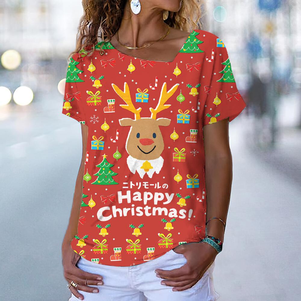 Christmas Elk Print Women's T-Shirt Kawaii Fashion Woman Clothing Oversized V-Neck Ladies Short Sleeve Tops Casual Pullover Tee