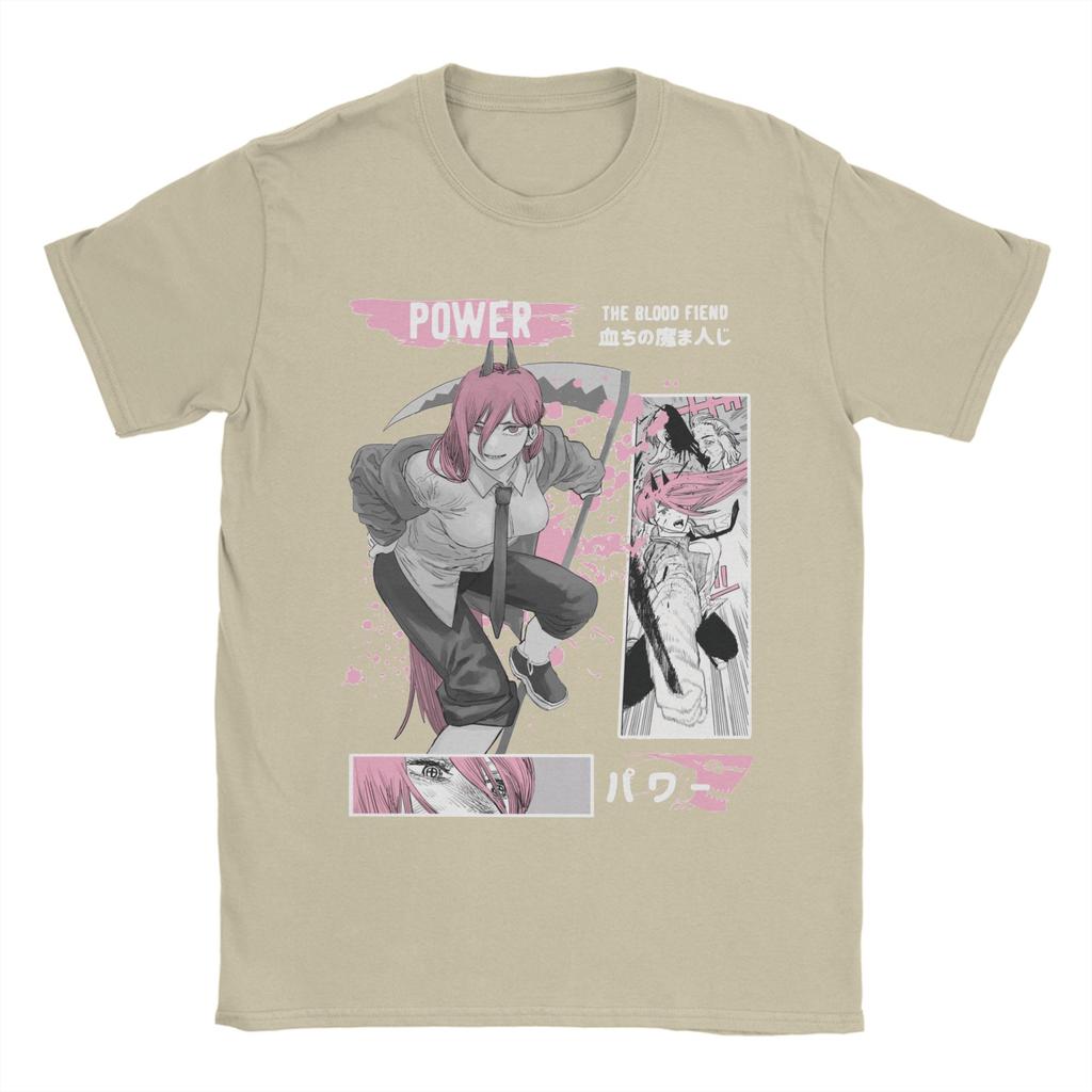 Novelty Power Chainsaw Man T-Shirt for Men O Neck Pure Cotton T Shirts Anime Manga Short Sleeve Tees Plus Size Tops